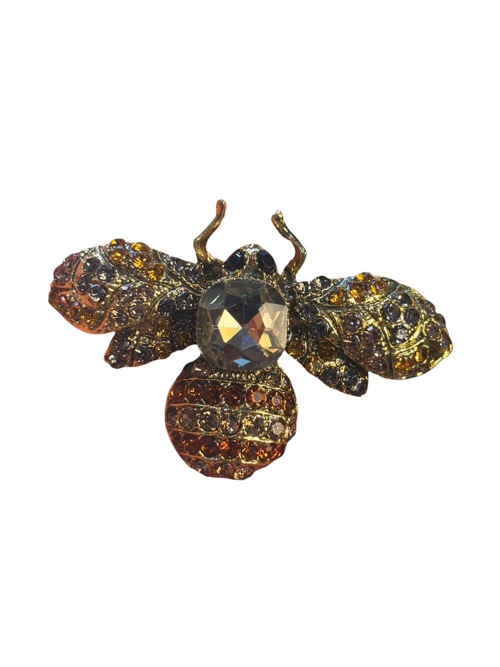 Vintage Rhinestone Bee Brooch Gold Tone Amber Brown Crystal Insect Statement Pin